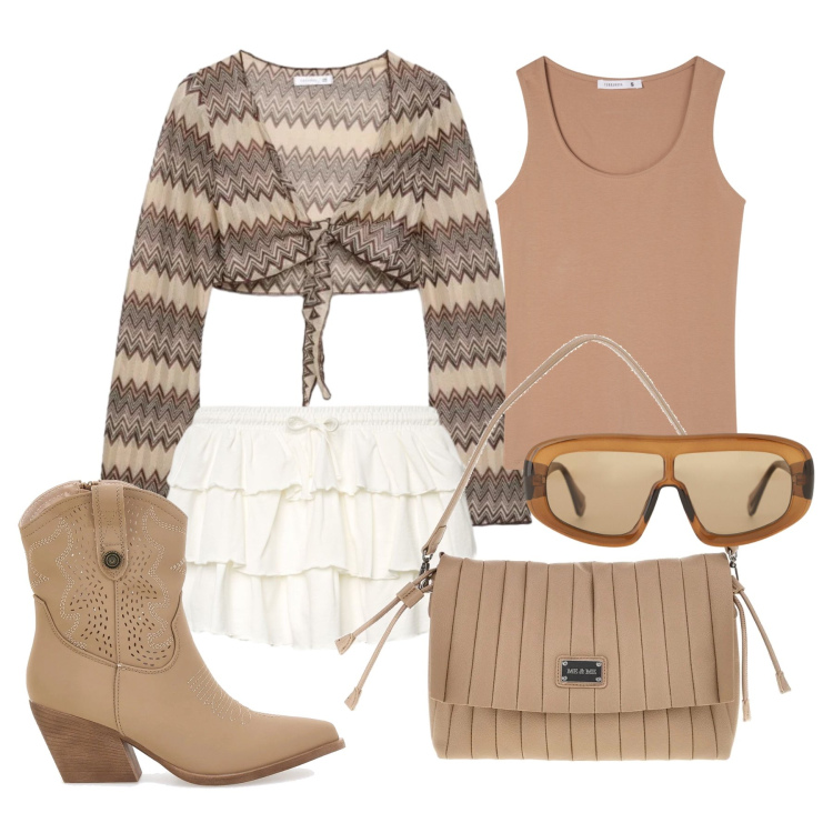 Outfit donna - Maggio. Stile Boho per Tutti i giorni. Abbinamento con top, blazer, minigonne, occhiali da sole, stivaletti texani, pochette.