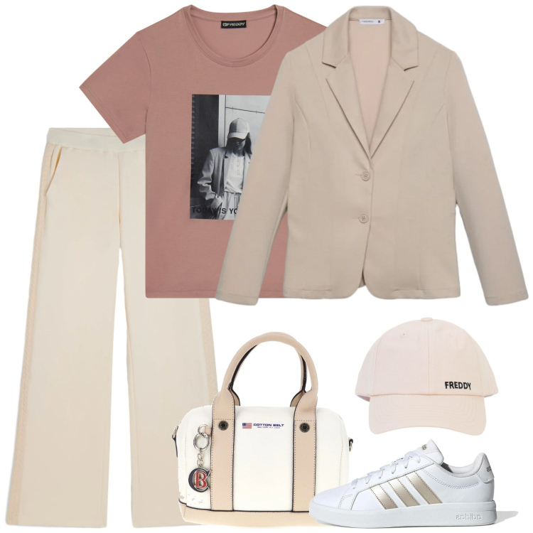 Outfit donna - Sporty glam. Stile Sporty chic per Tutti i giorni. Abbinamento con blazer, t-shirt, pantaloni, cappelli con visiera, sneakers, borse a mano.
