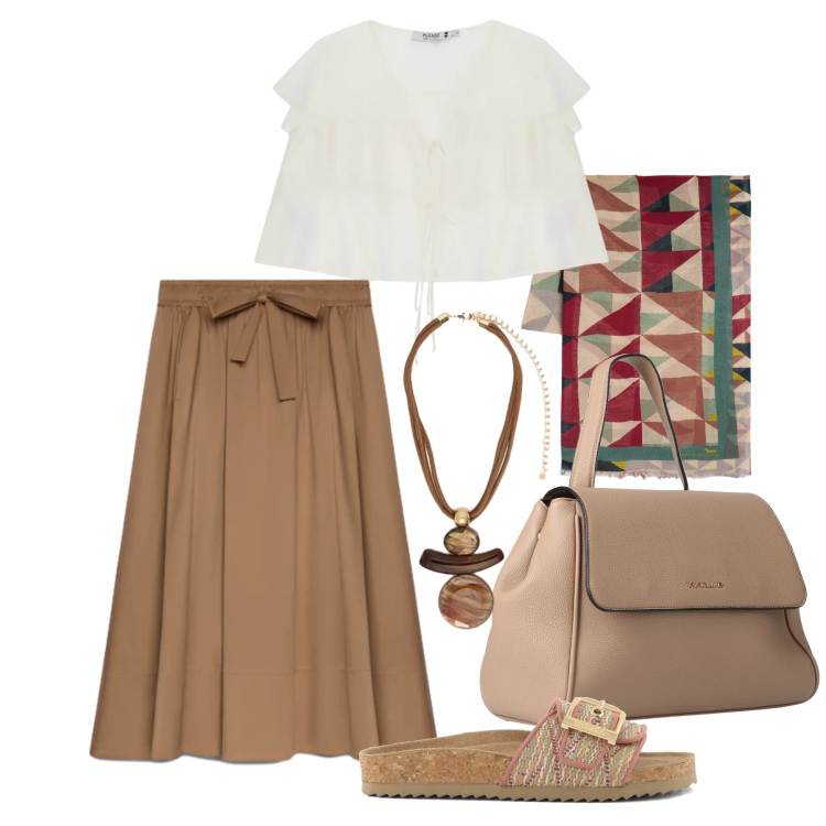 Outfit donna - Maggio. Stile Boho per Tutti i giorni. Abbinamento con zaini, sciarpe, top, gonne lunghe, ciondoli, sandali.