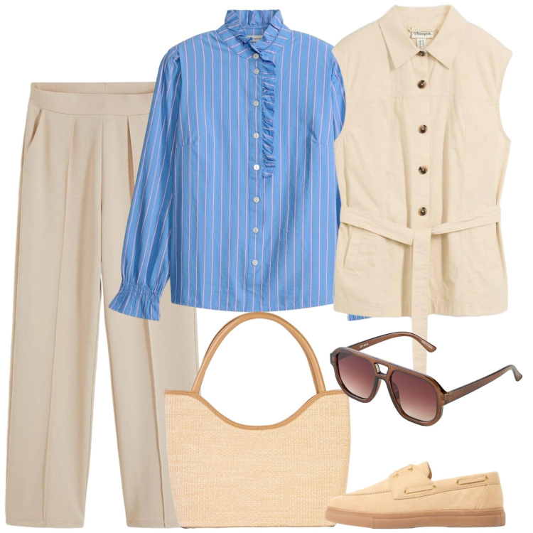 Outfit donna - Perfetto. Stile Casual per Ufficio. Abbinamento con pantaloni, camicie, mocassini, shopping bag, occhiali da sole, gilet.
