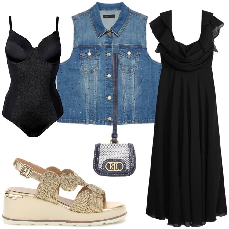 Outfit donna - Sandali oro. Stile Casual per Tutti i giorni. Abbinamento con body, vestiti lunghi, gilet, pochette, sandali col tacco.