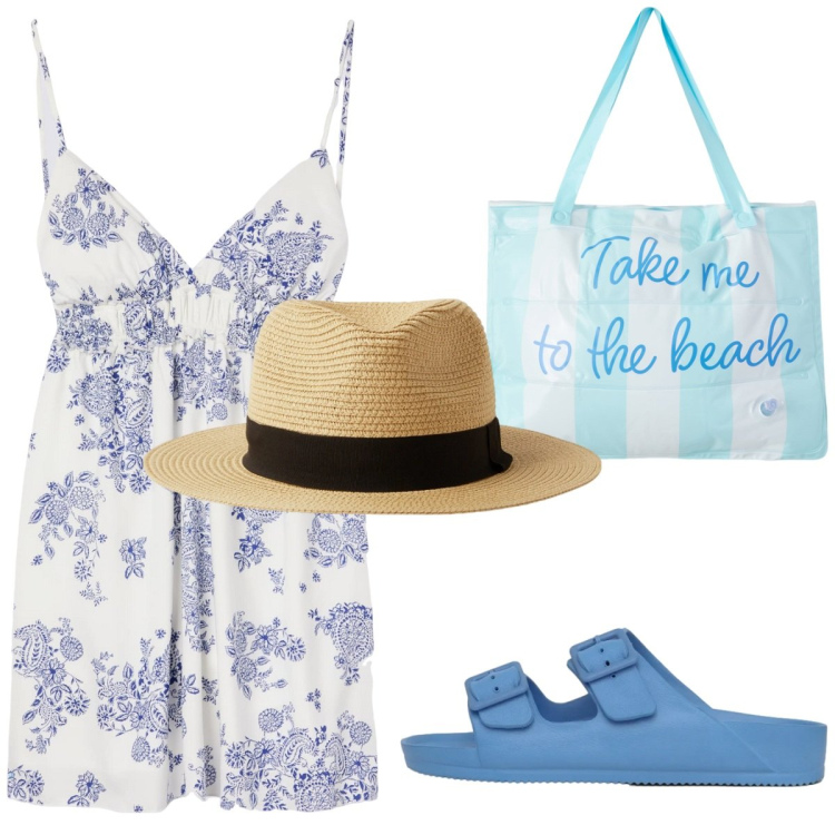 Outfit donna - Vacanze al mare. Stile Casual chic per Mare. Abbinamento con cappelli, vestiti corti, borse tote, ciabatte.