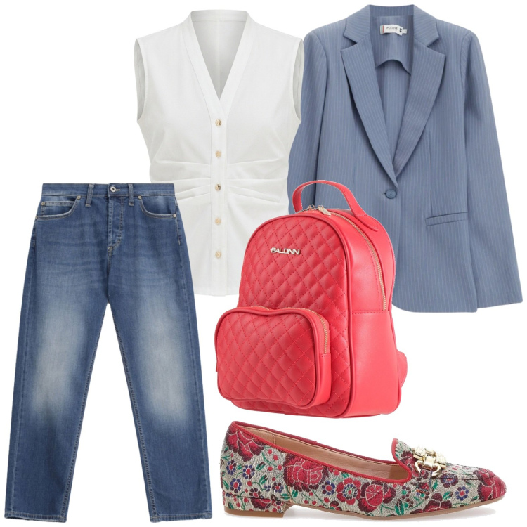 Outfit donna - Mocassini con stampa. Stile Casual per Ufficio. Abbinamento con zaini, jeans dritti, blazer, camicie a manica corta, mocassini.