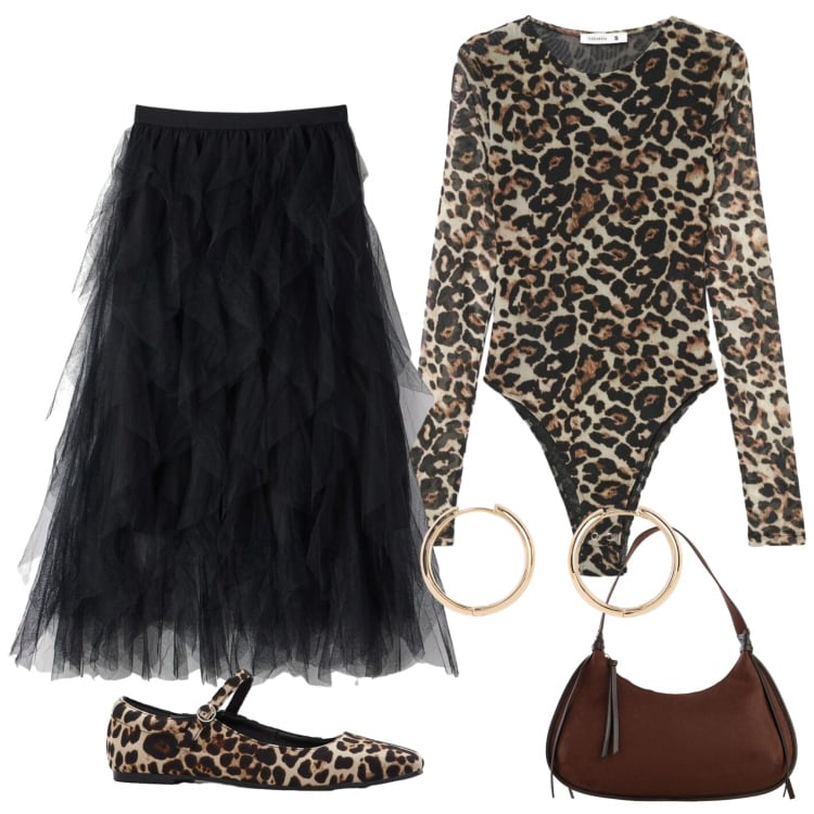Outfit donna - Animal mix. Stile Sporty chic per Tutti i giorni. Abbinamento con ballerine, orecchini, borse a tracolla, t-shirt, gonne lunghe.