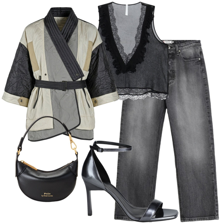 Outfit donna - Jeans neri. Stile Rock per Serata fuori. Abbinamento con sandali in pelle, jeans, top, kimono, portafogli.