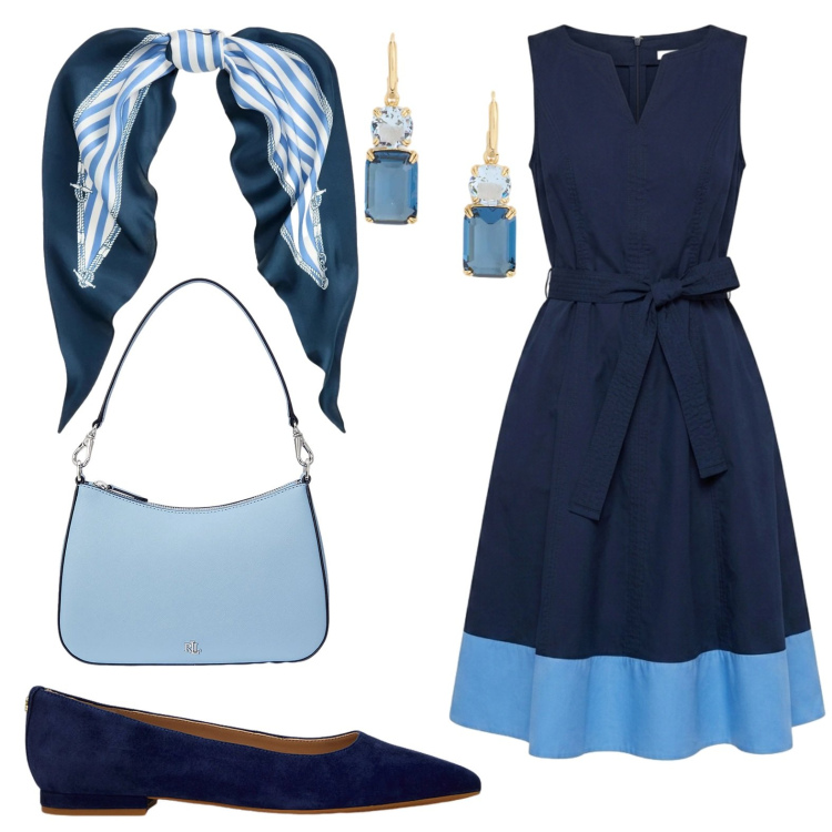 Outfit donna - Abito smanicato. Stile Bon Ton per Ufficio. Abbinamento con vestiti senza maniche, ballerine, borse a spalla, foulard, orecchini.