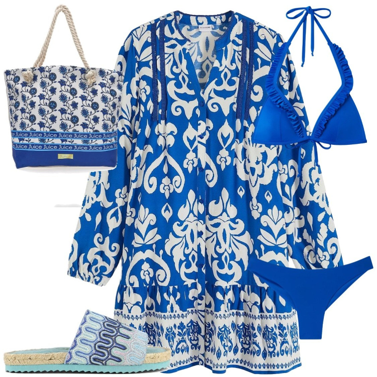 Outfit donna - Preparativi vacanzeChich#lowcost. Stile Chic per Mare. Abbinamento con vestiti, bikini, bikini, shopping bag, ciabatte.