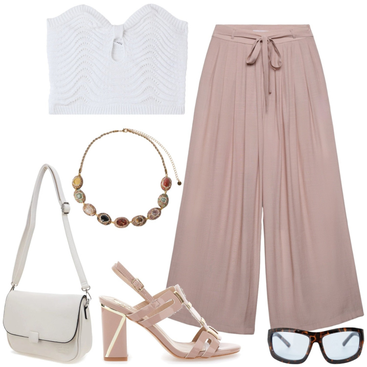Outfit donna - Peach Blush outfit. Stile Casual chic per Serata fuori. Abbinamento con pantaloni, top, occhiali da sole, collane, sandali col tacco, borse a tracolla.