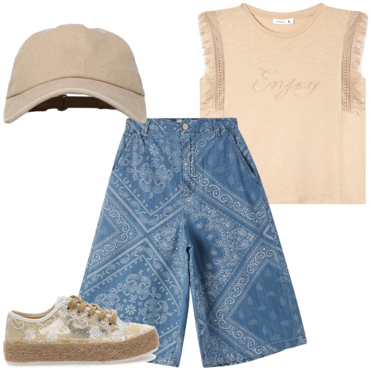 Outfit donna - BERMUDA: FINO AL GINOCCHIO#stilerap. Stile Trendy per Tutti i giorni. Abbinamento con t-shirt, bermuda, cappelli con visiera, sneakers.