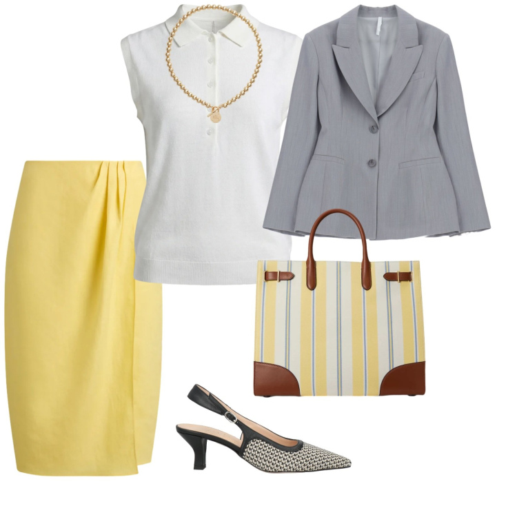 Outfit donna - Giallo burro. per Ufficio. Abbinamento con décolleté, polo, blazer, collane, borse tote, gonne.