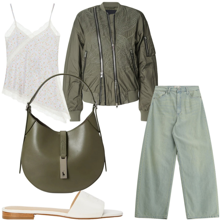 Outfit donna - Glam day. Stile Glamour per Tutti i giorni. Abbinamento con jeans, top, bomber, ciabatte, borse a spalla.