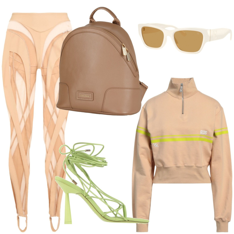 Outfit donna - Contrasti di stili. Stile Sporty chic per Tutti i giorni. Abbinamento con ciabatte, felpe, zaini, leggings, occhiali da sole.