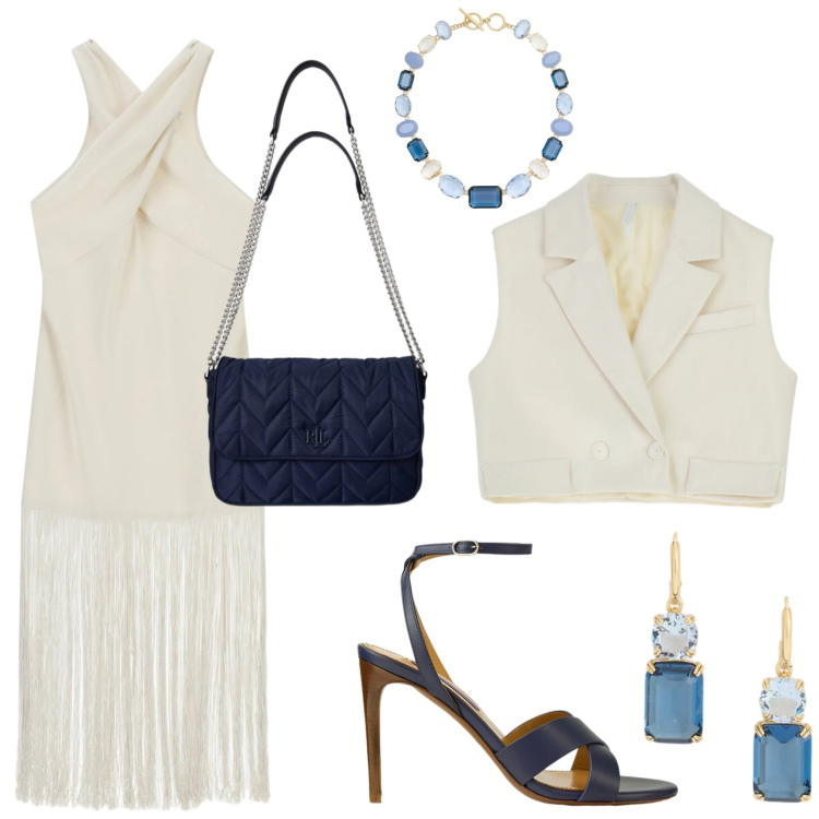 Outfit donna - Frange. Stile Bon Ton per Serata fuori. Abbinamento con gilet, vestiti lunghi, sandali col tacco, borse a tracolla, orecchini, collane.
