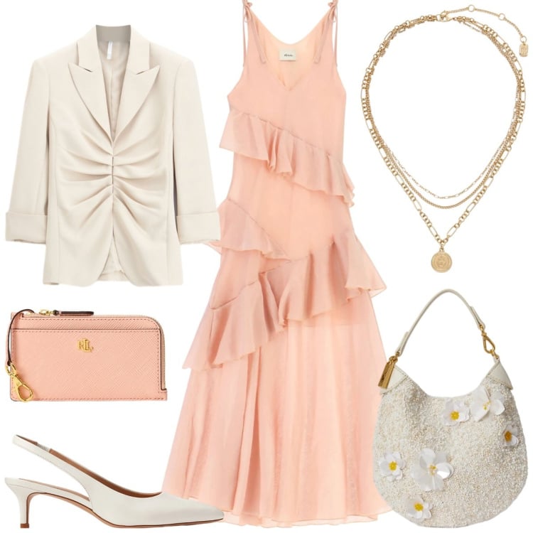 Outfit donna - Peach cerimonia. Stile Romantica per Tutti i giorni. Abbinamento con blazer, vestiti lunghi, ciondoli, pochette, décolleté, portafogli.