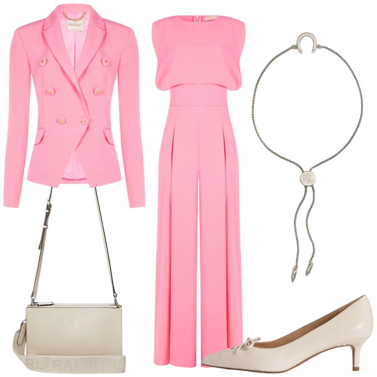 Outfit donna - Peach cerimonia. Stile Glamour per Tutti i giorni. Abbinamento con tute, blazer, décolleté, braccialetti con ciondoli, borse a tracolla.