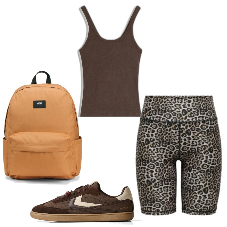 Outfit mujer - Casual. Estilo Casual para Todos los días. Combinación con mochilas, shorts, camiseta, sneakers.
