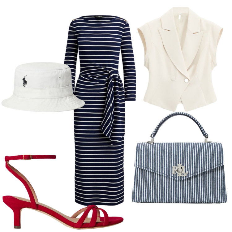 Outfit donna - Vestito con nodo. Stile Glamour per Tutti i giorni. Abbinamento con gilet, vestiti lunghi, borse a mano, sandali col tacco, cappelli con visiera.