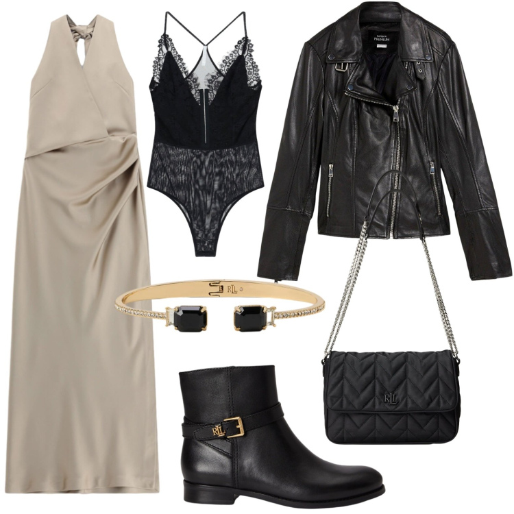 Outfit donna - Biker e vestito lungo. Stile Rock per Serata fuori. Abbinamento con blazer, vestiti lunghi, body, borse a tracolla, braccialetti, stivaletti.