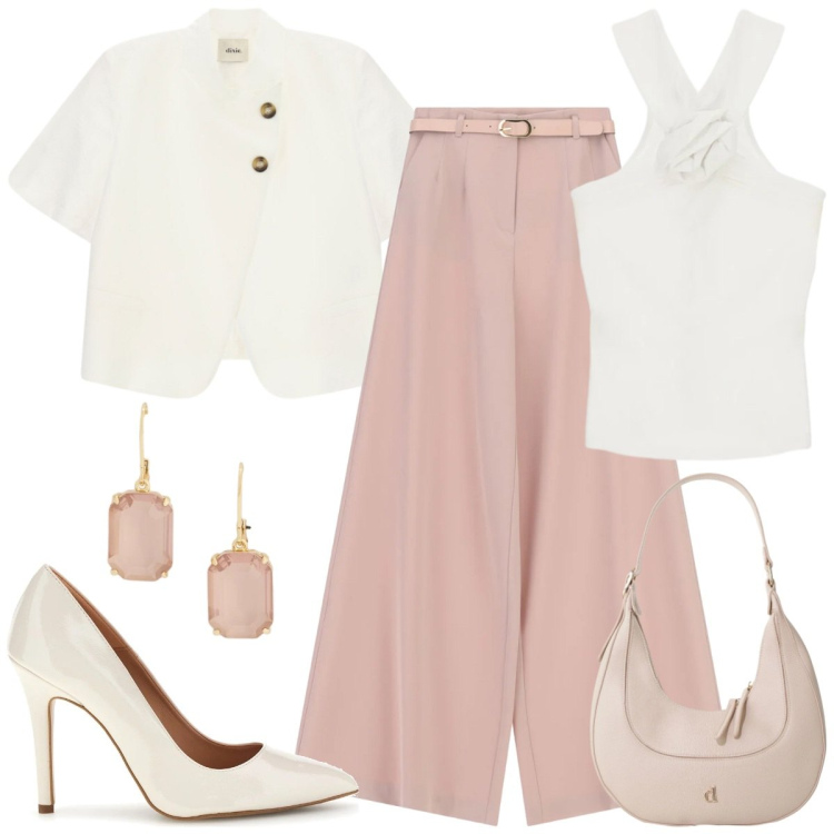 Outfit donna - Accessori Peach. Stile Glamour per Tutti i giorni. Abbinamento con pantaloni a palazzo, canottiere, blazer, borse a tracolla, orecchini, décolleté.
