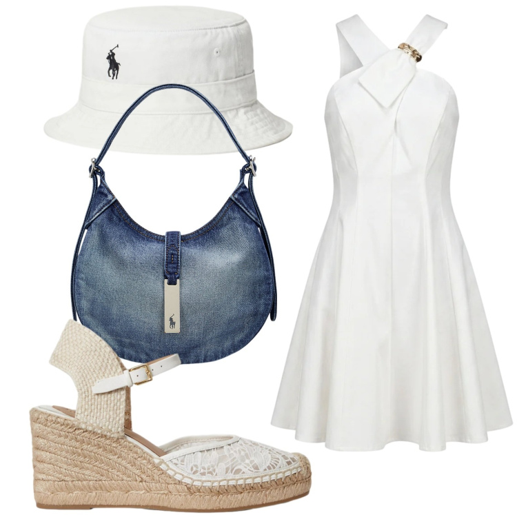 Outfit donna - Già in vacanza. Stile Casual per Tutti i giorni. Abbinamento con vestiti corti, cappelli con visiera, borse a spalla, espadrillas.