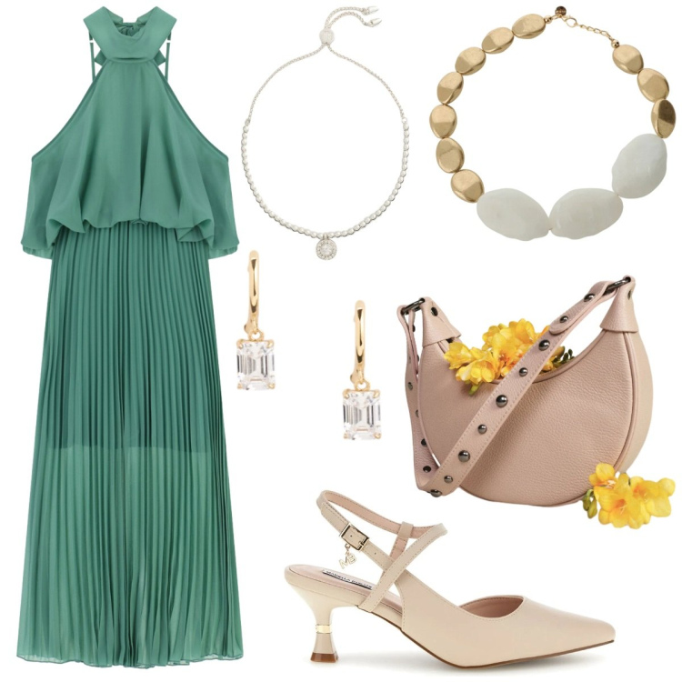 Outfit donna - Comunione in vista. Stile Glamour per Cerimonia. Abbinamento con vestiti lunghi, borse a spalla, collane, braccialetti, orecchini, décolleté.