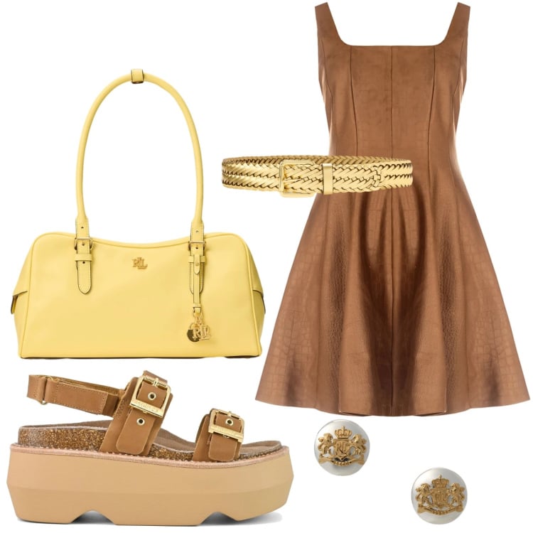 Outfit donna - Effetto vacanza. Stile Glamour per Tutti i giorni. Abbinamento con vestiti corti, orecchini, cinture, borse a mano, sandali col tacco.