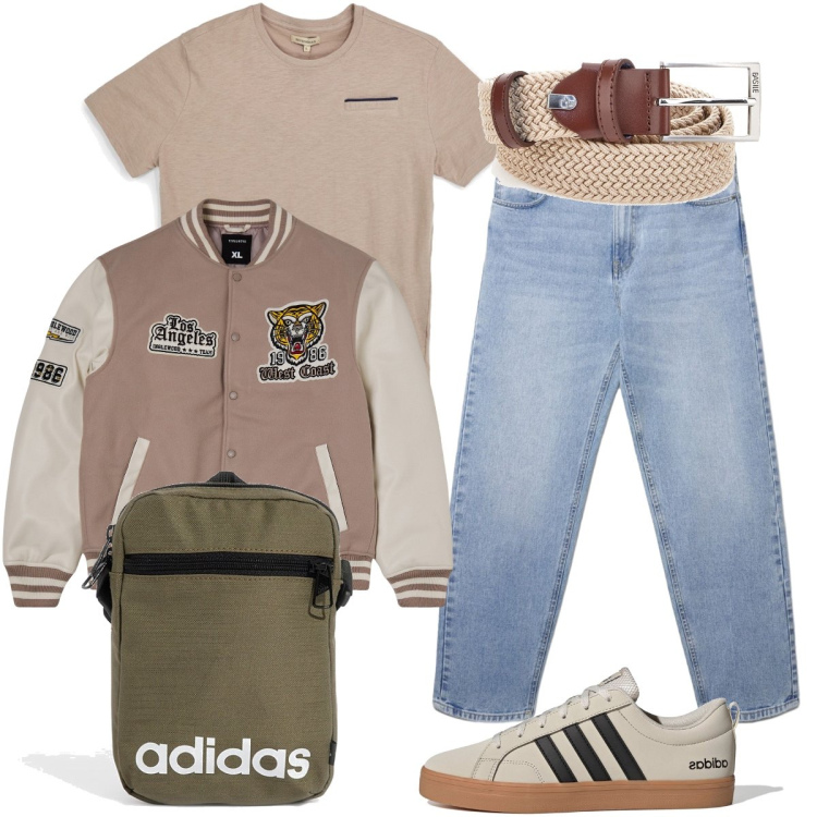 Outfit uomo - Week-end al mare. Stile Casual per Mare. Abbinamento con bomber, jeans, borse sportive, cinture, sneakers, t-shirt.