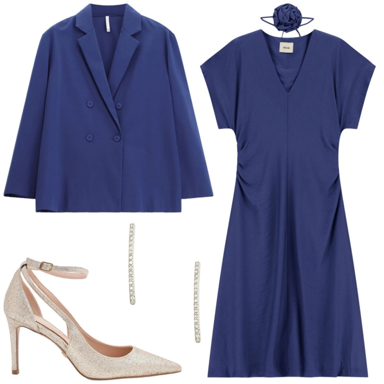Outfit donna - Testimone in minimal. Stile Basic per Cerimonia. Abbinamento con blazer, décolleté, vestiti lunghi, orecchini.
