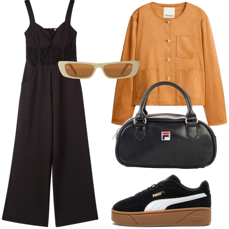 Outfit donna - Gita fuori porta. Stile Glamour per Tutti i giorni. Abbinamento con blazer, borse a tracolla, tute, occhiali da sole, sneakers.
