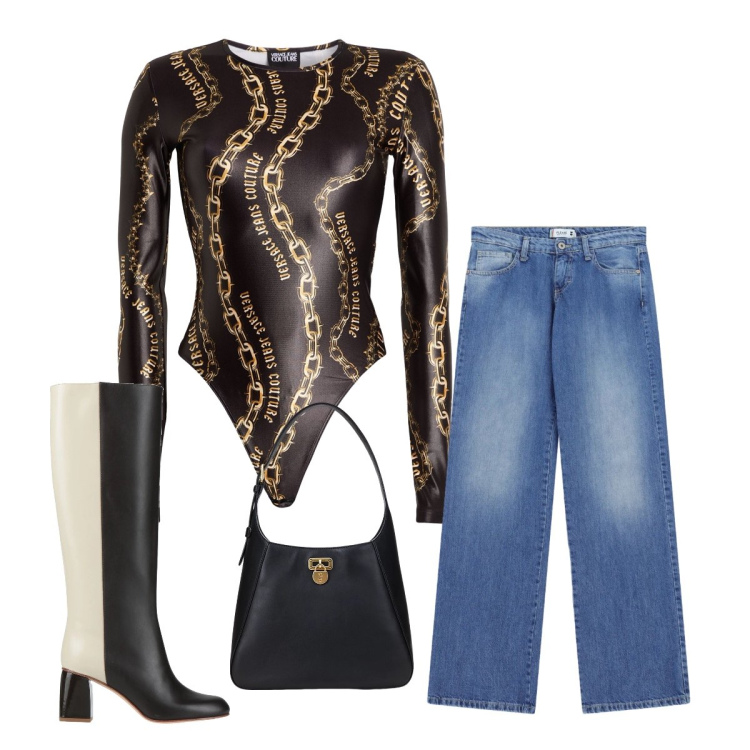 Outfit donna - Ufficio maggio. Stile Glamour per Ufficio. Abbinamento con stivali, body, jeans dritti, borse a spalla.