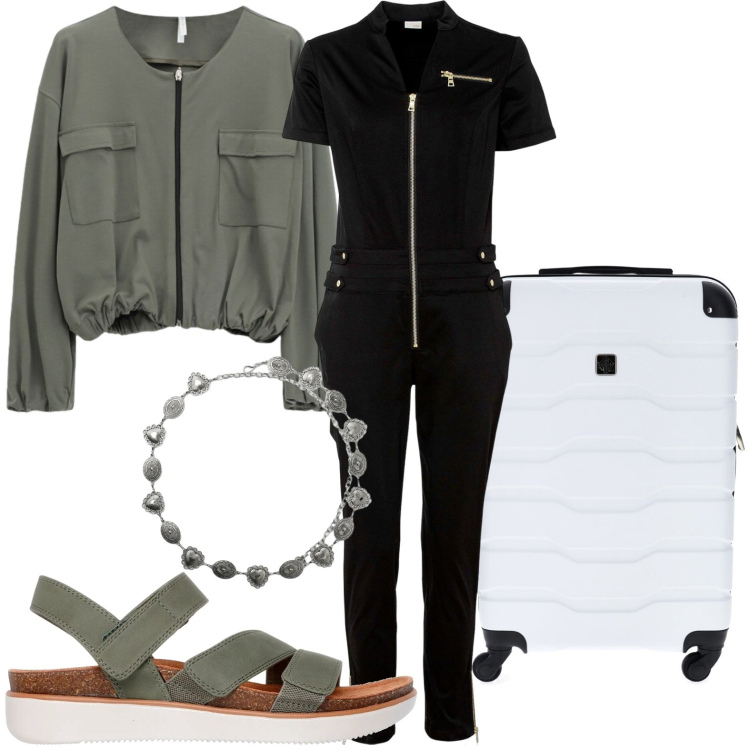 Outfit donna - Tuta con zip. Stile Casual per Tutti i giorni. Abbinamento con tute, cinture, bomber, sandali, valigie.