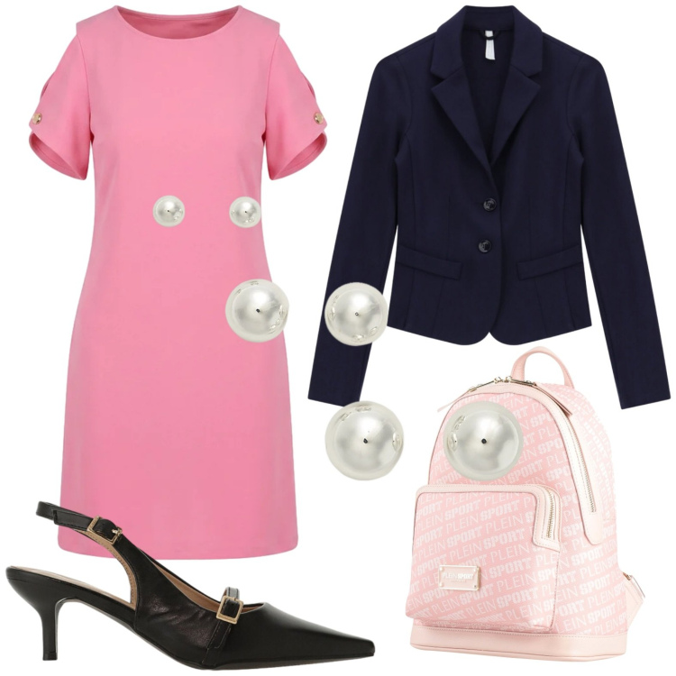 Outfit donna - Vestito con dettagli gioiello. Stile Trendy per Ufficio. Abbinamento con zaini, blazer, sandali col tacco, vestiti corti, orecchini.