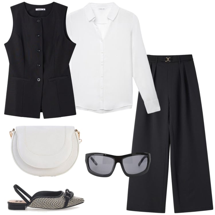 Outfit donna - Il completo rigoroso. Stile Minimal per Tutti i giorni. Abbinamento con borse a tracolla, pantaloni, gilet, camicie, occhiali da sole, ballerine.