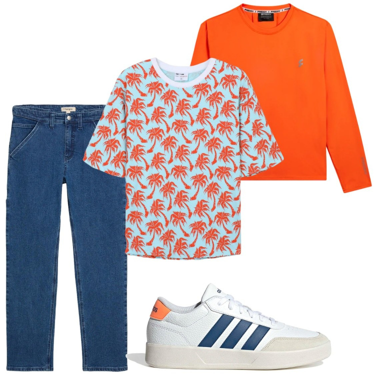Outfit uomo - Primavera con giorno estivo. Stile Trendy per Tutti i giorni. Abbinamento con jeans dritti, t-shirt, t-shirt, sneakers.