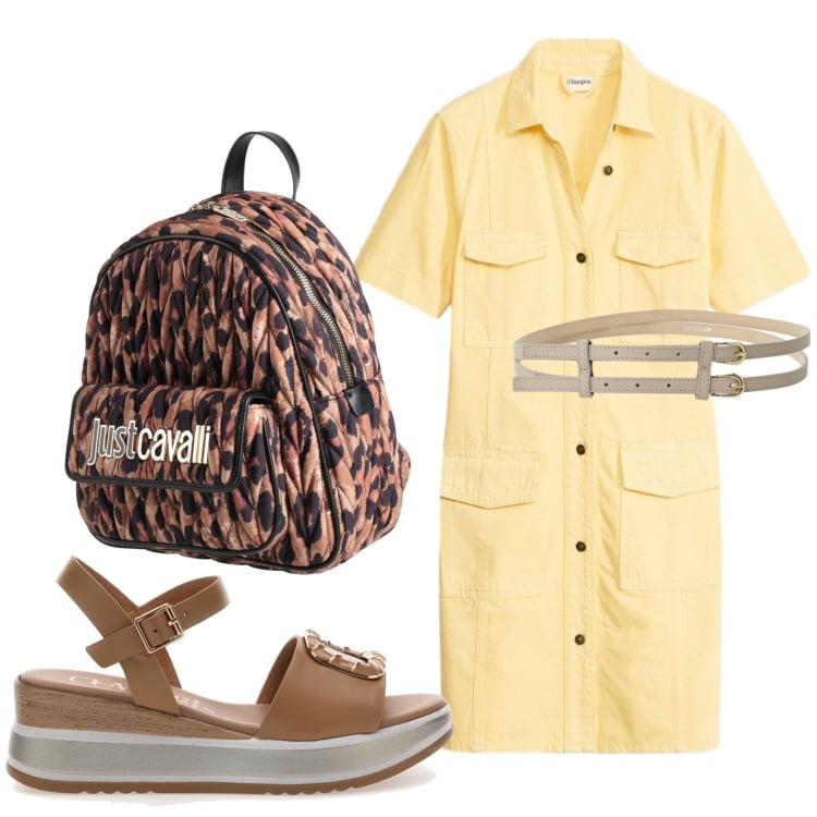 Outfit donna - Risplendi con il giallo. Stile Casual per Tutti i giorni. Abbinamento con zaini, vestiti corti, cinture, sandali.