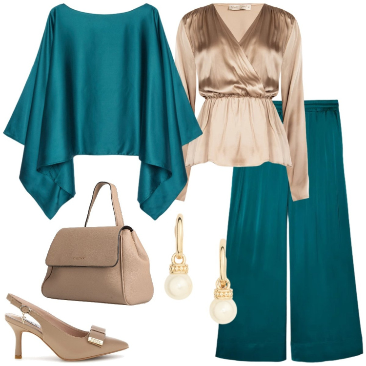 Outfit donna - Cerimonia in raso. Stile Chic per Cerimonia. Abbinamento con zaini, bluse, cappe, pantaloni, orecchini, décolleté.