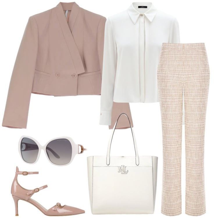 Outfit donna - Ufficio chic. Stile Chic per Ufficio. Abbinamento con décolleté, blazer, pantaloni a palazzo, camicie, borse tote, occhiali da sole.