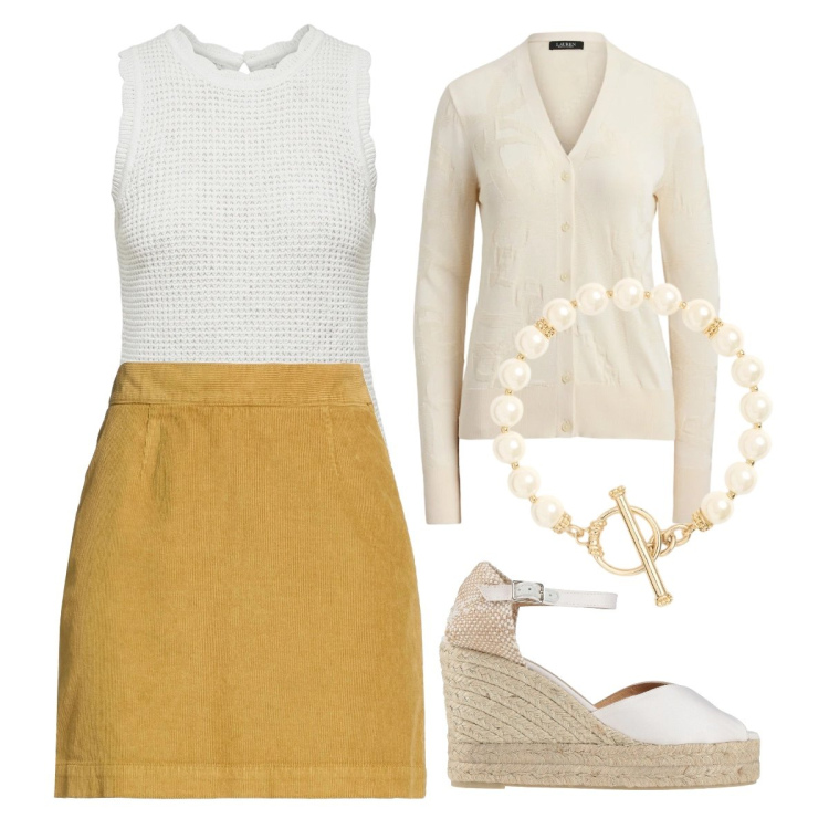 Outfit donna - Un po’ di senape. Stile Bon Ton per Cerimonia. Abbinamento con minigonne, espadrillas, canottiere, cardigans, braccialetti.