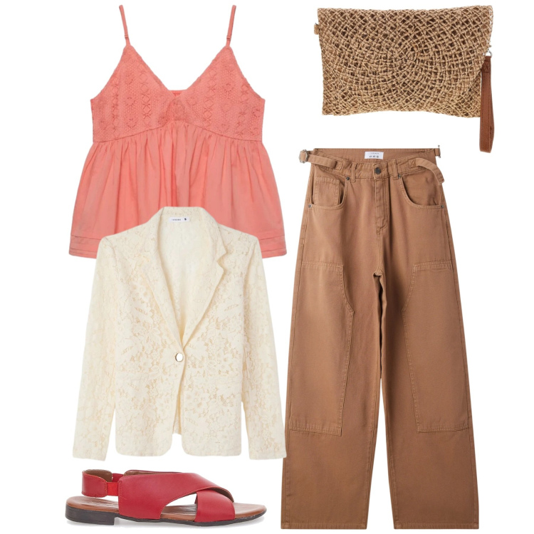 Outfit donna - Sandali rossi. Stile Bon Ton per Tutti i giorni. Abbinamento con pantaloni, blazer, canottiere, sandali, borse a tracolla.