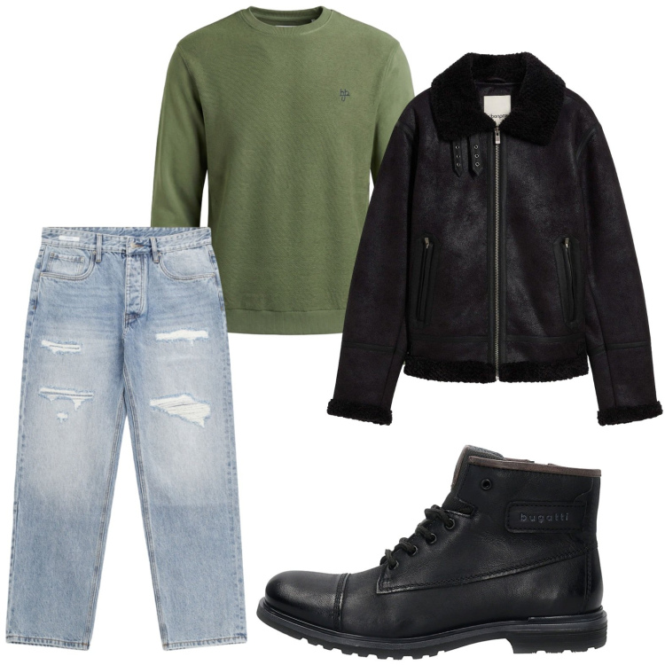 Outfit uomo - Corsa in moto. Stile Casual per Tutti i giorni. Abbinamento con giacche, jeans strappati, felpe, anfibi.