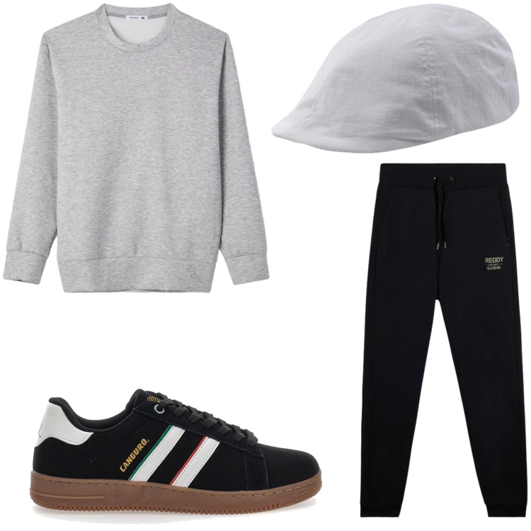 Outfit uomo - Versione sportiva. Stile Casual per Tutti i giorni. Abbinamento con felpe, pantaloni, cappelli con visiera, sneakers.