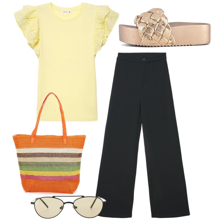 Outfit donna - Total look spring. Stile Bon Ton per Tutti i giorni. Abbinamento con pantaloni, t-shirt, occhiali da sole, sandali, shopping bag.