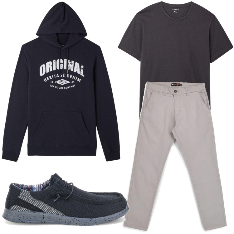 Outfit uomo - Al pub. Stile Trendy per Tutti i giorni. Abbinamento con t-shirt, felpe con cappuccio, pantaloni, scarpe stringate.