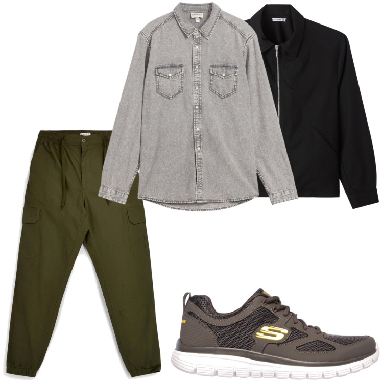 Outfit uomo - Grigliata serale con amici. Stile Casual per Tutti i giorni. Abbinamento con camicie, bomber, pantaloni cargo, sneakers.