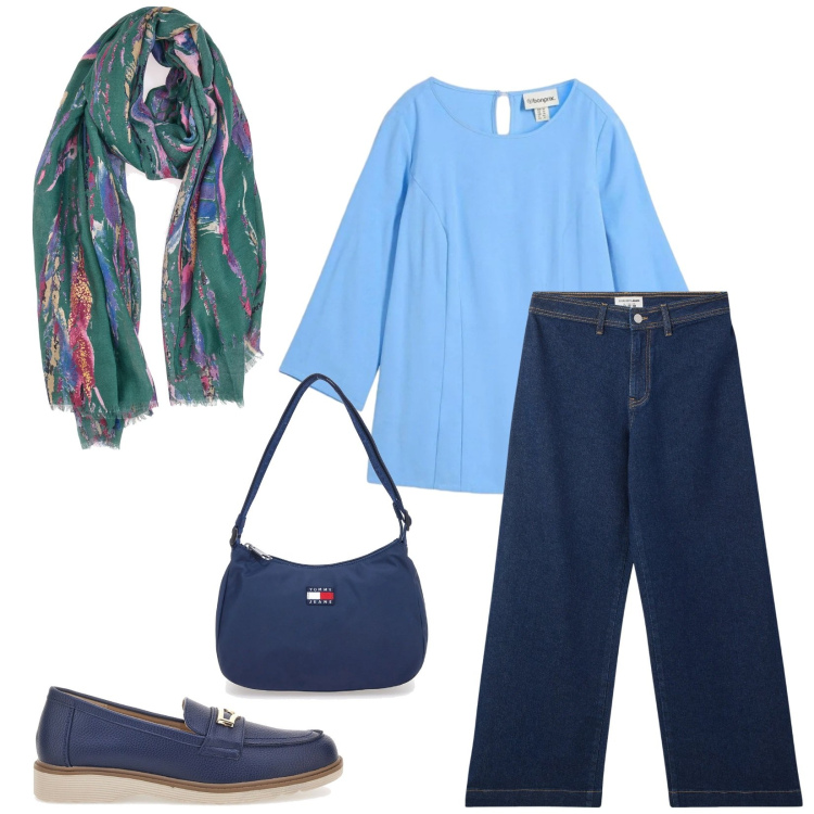 Outfit donna - Total look #2394124. Stile Casual per Tutti i giorni. Abbinamento con bluse, jeans, foulard, mocassini, borse a spalla.