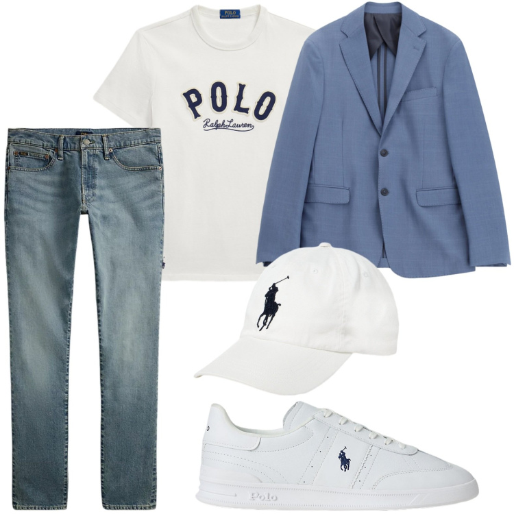 Outfit uomo - Trasferta marina. Stile Casual per Tutti i giorni. Abbinamento con giacche, jeans, sneakers, t-shirt, cappelli con visiera.