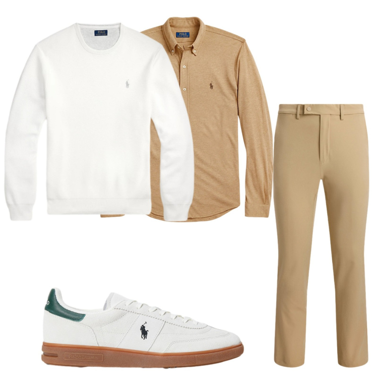 Outfit uomo - Colazione all\'aperto. Stile Casual per Tutti i giorni. Abbinamento con camicie, pantaloni, maglieria, sneakers.