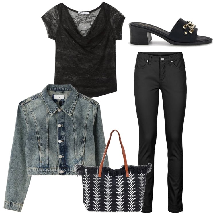 Outfit donna - Total rock. Stile Rock per Serata fuori. Abbinamento con jeans skinny, t-shirt, cappotti, sandali col tacco, borse tote.