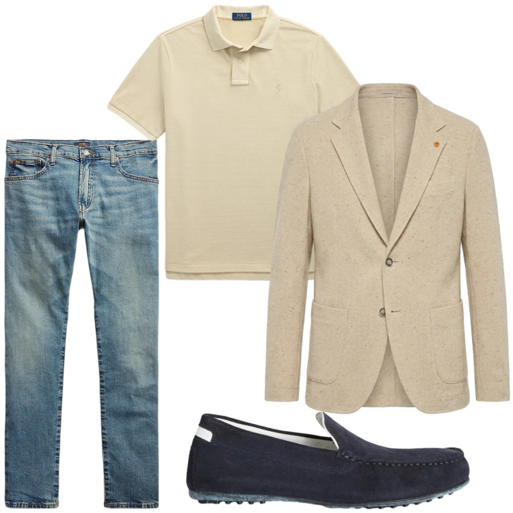 Outfit uomo - Lunch time. Stile Casual per Tutti i giorni. Abbinamento con scarpe stringate, giacche, jeans, polo.