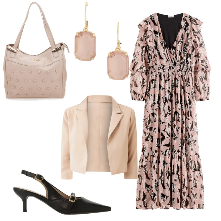 Outfit donna - Total look #2394129. Stile Romantica per Serata fuori. Abbinamento con vestiti, sandali col tacco, blazer, orecchini, shopping bag.